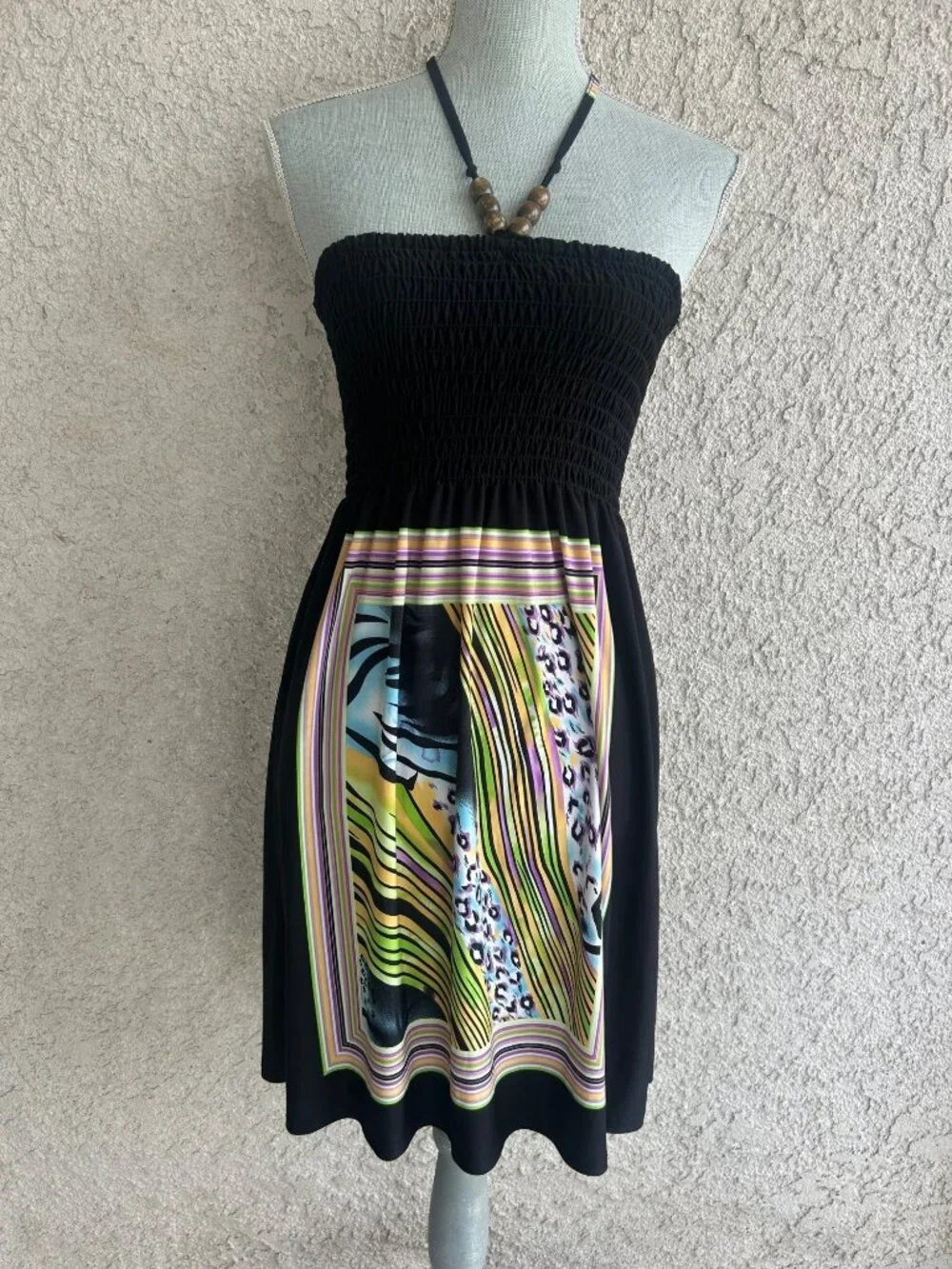 Y2K Black Halter Tube Dress Smocked Bodice Beads Medium